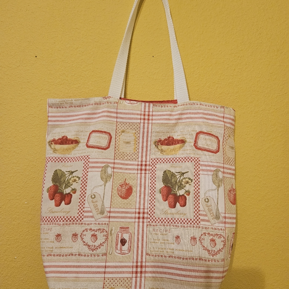 Tote Bag Canvas Large shoulder strap Handmade lined with 100% Cotton Strawberry